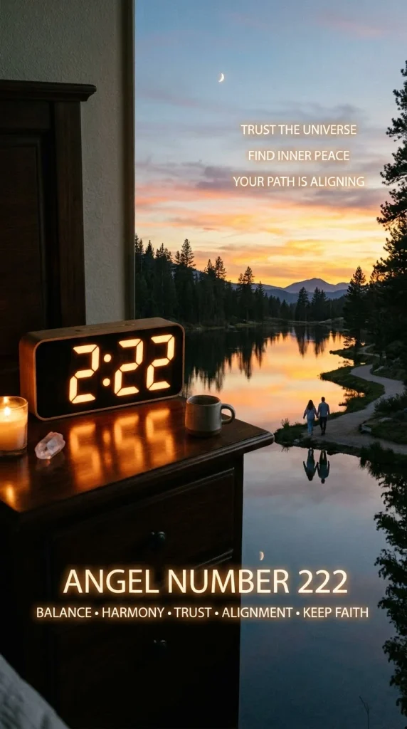 222 angel number meaning represented by a peaceful 2:22 clock scene connected with love and emotional balance