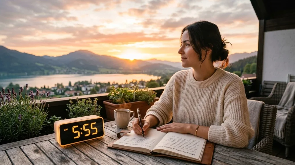  555 angel number meaning shown through a glowing 5:55 clock, journal, and peaceful sunrise setting