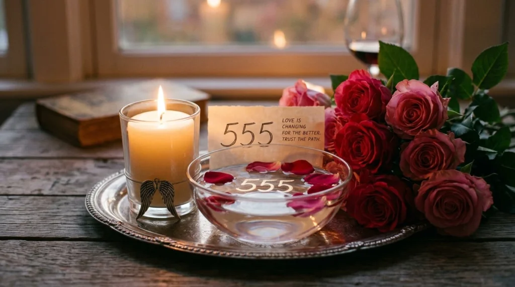 555 angel number meaning in love represented by a romantic 555 reflection scene with roses and a candle