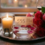 555 angel number meaning in love represented by a romantic 555 reflection scene with roses and a candle