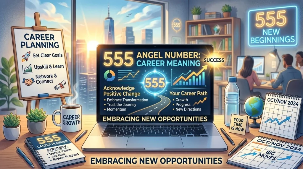 555 angel number meaning for career represented by a 555 laptop workspace, new opportunities, and career planning