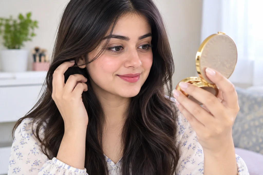 Sissy caption inspiration shown by an adult holding a compact mirror during a personal style moment